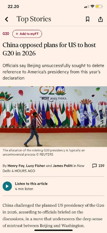 Henry Lucy James 新德里 #G20#中国🇨🇳官员今天在新德里反对美国🇺🇸举行2026 G20据简要介绍讨论情况的官员称，中国挑战了美国在2026年担任20国集团主席的计划，此举凸显了北京和华盛顿之间深厚的不信任感