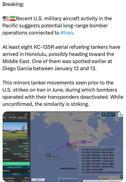 突发新闻：美国最近在太平洋的军用飞机活动表明了与伊朗相关的潜在远端轰炸机行动