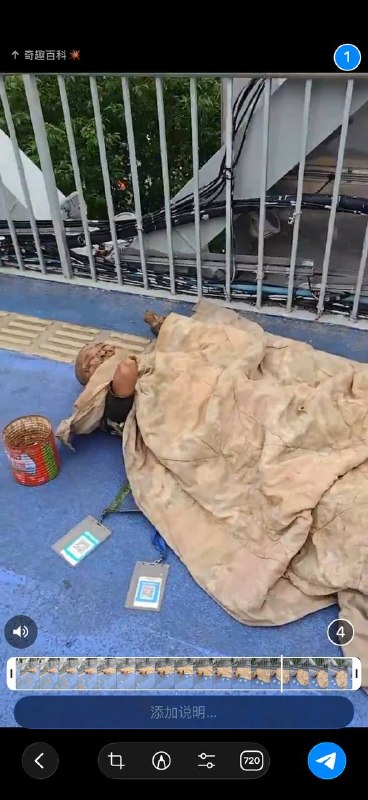8月14日，网友曝光：湖北武汉洪山区街道口至亚贸广场附近的天桥上躺着一名残疾人，双手被截肢，还疑似骨头外露、腿部残疾，脸上沾满污垢，身边挂着二维收款码