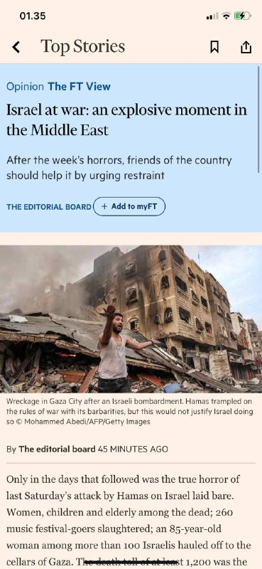 头条以色列🇮🇱战争FT 建议看法由FT委员会编制47分钟#上周六哈马斯对以色列🇮🇱的袭击；死者中有妇女、儿童和老人；260名音乐节观众被屠杀；100多名以色列人中有一名85岁的妇女被拖到加沙的地窖