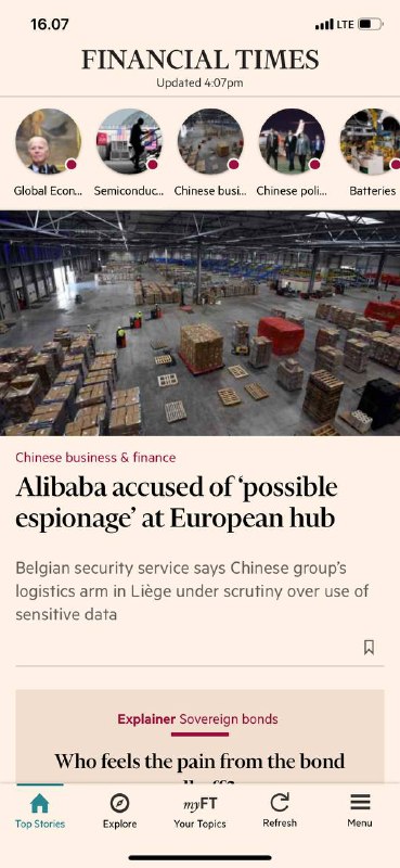 今日金融时报头条#阿里巴巴🇨🇳 谍欧洲欧洲的主要物流中心Laura在比利时🇧🇪 Qianer在香港🇭🇰比利时情报部门一直在监控阿里巴巴在欧洲的主要物流中心进行间谍活动，此前有人怀疑北京一直在利用其在西方日益增长的经济存在