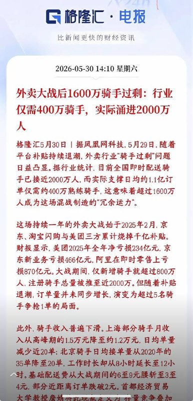 现在的就业压力大不大，就看这两条消息就知道了第一、凤凰网报道：现在中国外卖骑手过剩，行业只需要400万人，结果涌进来2000万人