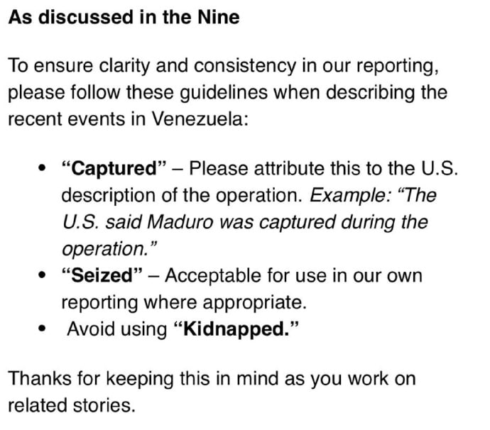 BBC发通知：禁止记者将美国对委内瑞拉领导人的行为描述为绑架