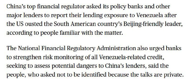 消息称，在美国抓捕马杜罗后，中国国家金融监督管理总局要求政策性银行和其他主要贷款机构报告其对委内瑞拉的贷款风险敞口，敦促各银行加强对所有与委内瑞拉相关的信贷的风险监控，以评估对中国贷款机构的潜在风险