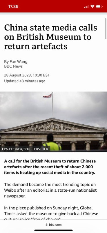#中国官方媒体呼吁大英博物馆归还文物作者：Fan Wang英国广播公司新闻2023年8月28日，英国夏令时10:3048分钟前更新在最近盗窃了约2000件物品后，呼吁大英博物馆归还中国文物，这让该国的社交媒体升温