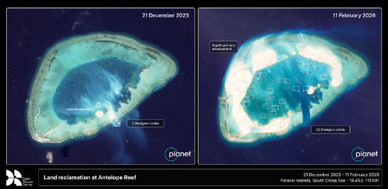 中国正在西沙群岛中偏远的羚羊礁加速推进填海造地工程