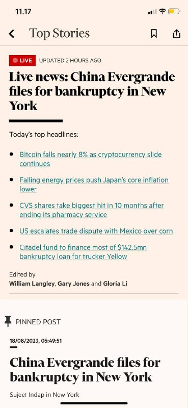 18/08/2023，05:49:51#China Evergrande 恒大集团🇨🇳在纽约🇺🇸申请破产纽约的Sujeet Indap by FT 直播恒大在2021年拖欠债务，引发了中国经济的房地产危机陷入困境的房地产集团China Evergrande已向纽约联邦法院申请破产保护，该法院使用所谓的第15章程序，用于寻求承认其在美国重组的外国公司