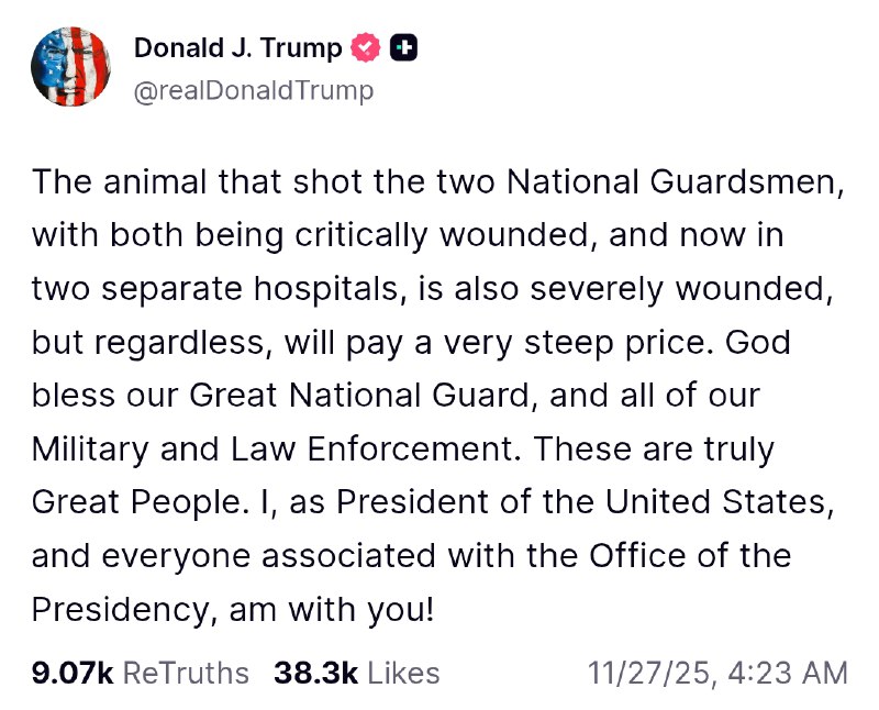 #美国 当地时间11月26日，两名国民警卫队士兵在 #白宫 附近遭到 #枪击 头部中弹，官员称这是一起有针对性的伏击