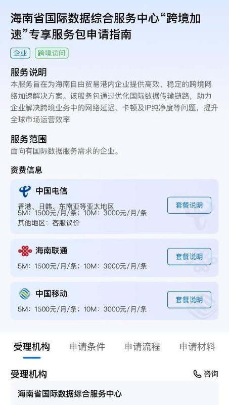 有网友晒出海南封关后，网络上流传“翻墙专线申请”价格表，价格表显示三大运营商报价一致，5M 带宽每条每月1500元，10M 带宽每条每月3000元