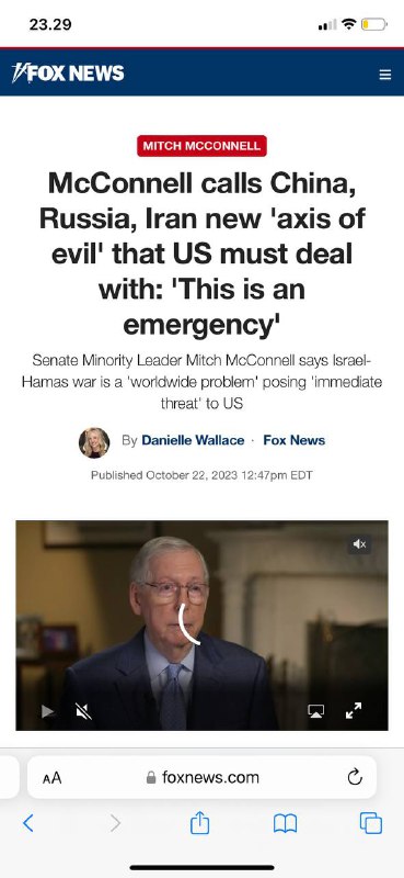#中国🇨🇳，俄罗斯🇷🇺，伊朗🇮🇷——-“邪恶轴心”Axis of Evil 发布于美国东部夏令时间2023年10月22日下午12:47 Fox News 参议院少数党领袖、肯塔基州共和党人米奇·麦康奈尔周日认为，在乌克兰和以色列战争中，中国🇨🇳，俄罗斯🇷🇺和伊朗🇮🇷是“邪恶轴心”，同时谈到了美国对盟国对这些决斗冲突的回应的资助