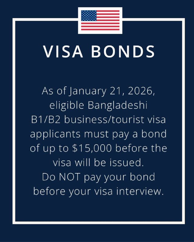 自2026年1月21日起，所有获准获得美国B1/B2（商务/旅游）签证的孟加拉国公民必须缴纳最高15000美元的保证金感谢家人们投稿！