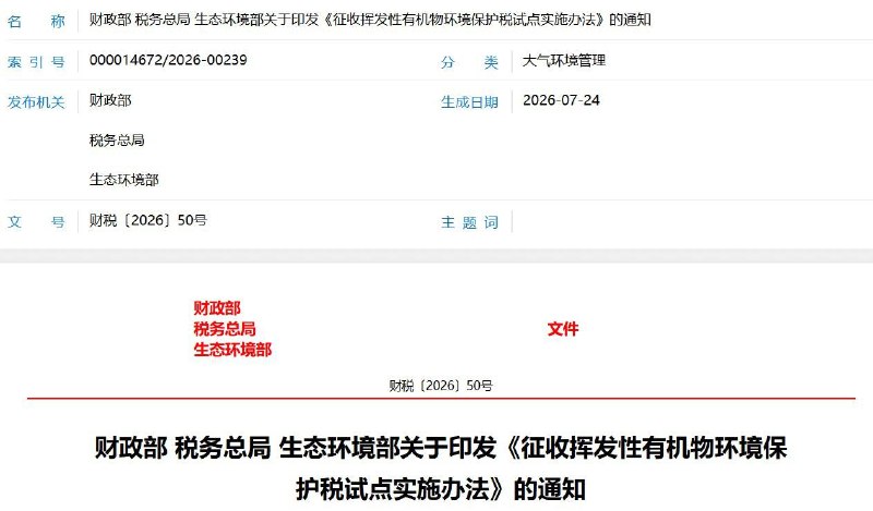 八大制造业迎来“空气税”7月24日，财政部、税务总局、生态环境部联合发布《征收挥发性有机物环境保护税试点实施办法》，宣布自2027年1月1日起，对印刷、石油加工、化工、医药、钢铁、通用设备、专用设备及汽车制造等八大行业征收挥发性有机物环保税，税额为每污染当量8元至12元