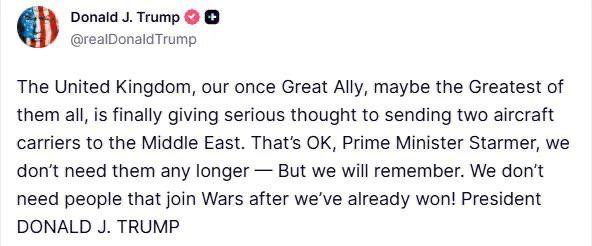川普就英国考虑向中东派遣两艘航母一事发表强硬声明，称：“英国曾是我们最伟大的盟友，如今终于认真考虑向中东派遣两艘航母