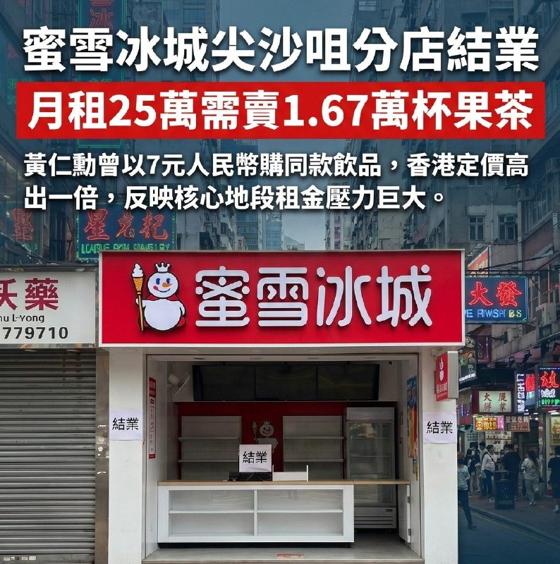 蜜雪冰城在香港再关店中国知名连锁茶饮品牌蜜雪冰城近期进一步收缩在香港业务