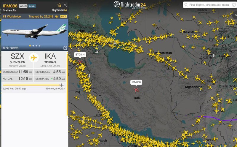 伊朗关闭领空，伊朗马汉航空两架由中国飞往德黑兰的班机仍按计划飞行，其中，自广州起飞的IRM080航班目前已降落，自深圳起飞的IRM086航班仍在航行中，飞行路线直接穿越伊朗领空前往德黑兰伊伊玛目霍梅尼国际机场