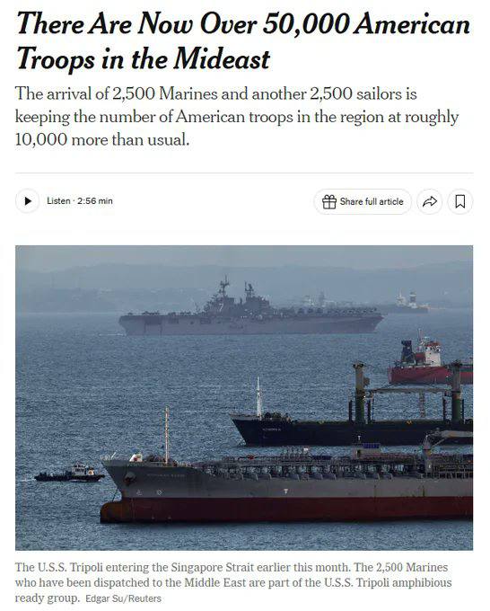 据《纽约时报》报道，随着2500名海军陆战队员和2500名水兵完成部署，目前驻扎中东的美军总人数已超过5万人，较平时多出约1万人