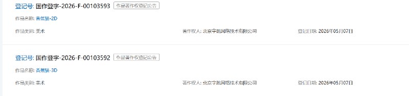 北京字跳网络技术有限公司申请了「咕咕嘎嘎」「刀盾狗」「香蕉猫」等网络梗著作权