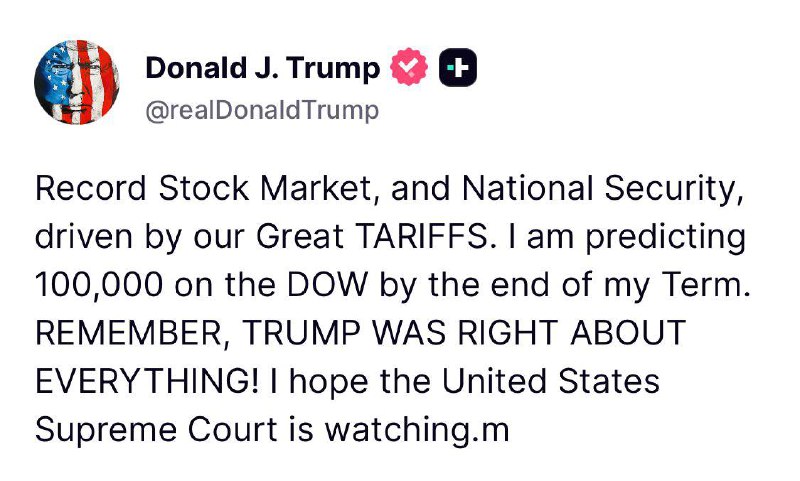 Trump：“我预测到我任期结束时，道琼斯指数将达到100,000点
