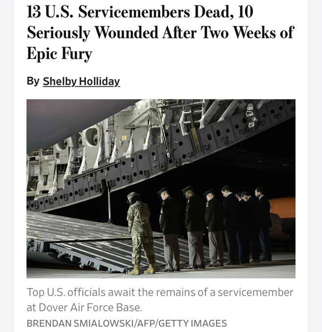 据《华尔街日报》报道，美伊冲突两周以来，美军伤亡情况如下：13名美军士兵阵亡，10人重伤，受伤总人数约200人，其中约170人已返回岗位执行任务