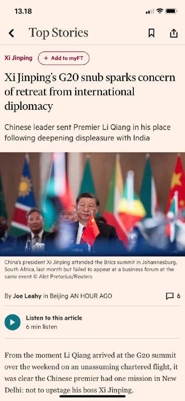 #习近平Joe Leahy 在北京 一小时从李强周末乘坐谦逊的包机抵达G20峰会的那一刻起，中国总理显然在新德里有一个任务：不要超越他的老板习近平