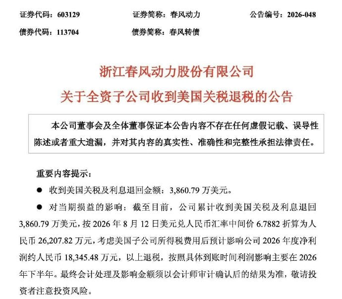 春风动力美国全资子公司CFP，近期收到美国关税退回款项约2.62亿元人民币