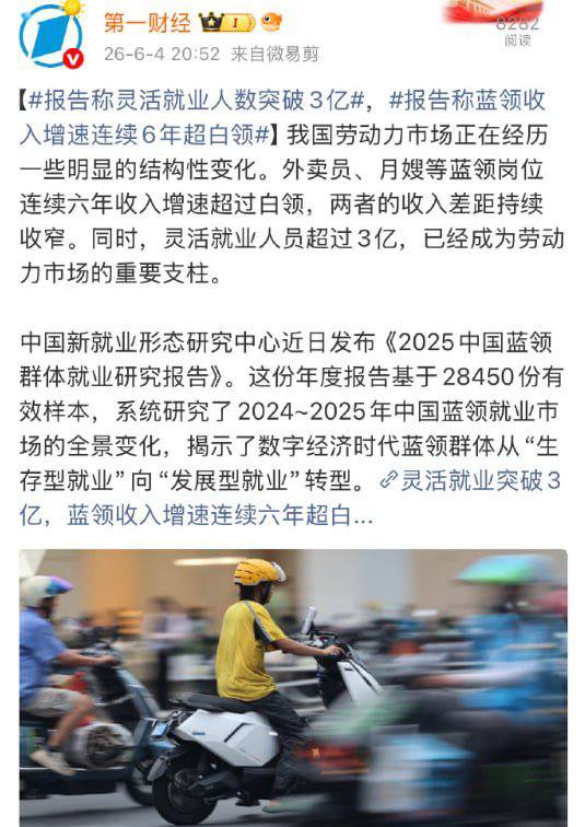 6月4日，中国官方最新报告显示：中国灵活就业失业人数已经突破3亿感谢家人们投稿！6月4日，中国官方最新报告显示：中国灵活就业失业人数已经突破3亿感谢家人们投稿！