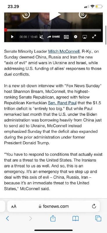 #中国🇨🇳，俄罗斯🇷🇺，伊朗🇮🇷——-“邪恶轴心”Axis of Evil 发布于美国东部夏令时间2023年10月22日下午12:47 Fox News 参议院少数党领袖、肯塔基州共和党人米奇·麦康奈尔周日认为，在乌克兰和以色列战争中，中国🇨🇳，俄罗斯🇷🇺和伊朗🇮🇷是“邪恶轴心”，同时谈到了美国对盟国对这些决斗冲突的回应的资助