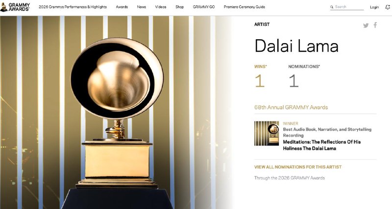 90 岁 达赖喇嘛 获 格莱美奖90岁的达赖喇嘛，拿下了 格莱美 “最佳有声读物、旁白和故事讲述录音奖”