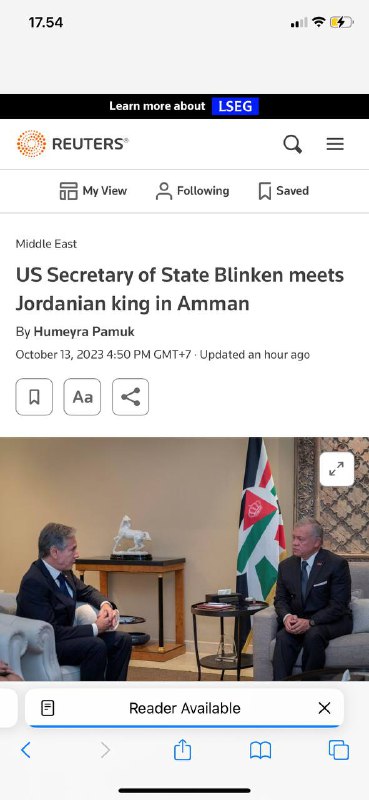 59 分钟前#布林肯🇺🇸会见约旦🇯🇴国王，并表示哈马斯不代表巴勒斯坦🇵🇸人美国🇺🇸国务卿安东尼·布林肯继续他的中东之行，在周五与约旦国王阿卜杜拉二世会面时强调，“哈马斯不代表巴勒斯坦人民的尊严和自决权，”布林肯对约旦🇯🇴在耶路撒冷的特殊作用和作为该地区稳定的力量”表示赞赏，By CNN, Reuters59 分钟前#布林肯🇺🇸会见约旦🇯🇴国王，并表示哈马斯不代表巴勒斯坦🇵🇸人美国🇺🇸国务卿安东尼·布林肯继续他的中东之行，在周五与约旦国王阿卜杜拉二世会面时强调，“哈马斯不代表巴勒斯坦人民的尊严和自决权，”布林肯对约旦🇯🇴在耶路撒冷的特殊作用和作为该地区稳定的力量”表示赞赏，By CNN, Reuters