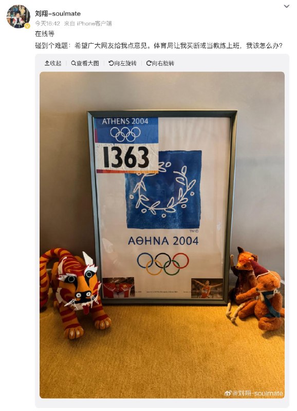 刘翔在线求助“碰到个难题：希望广大网友给我点意见