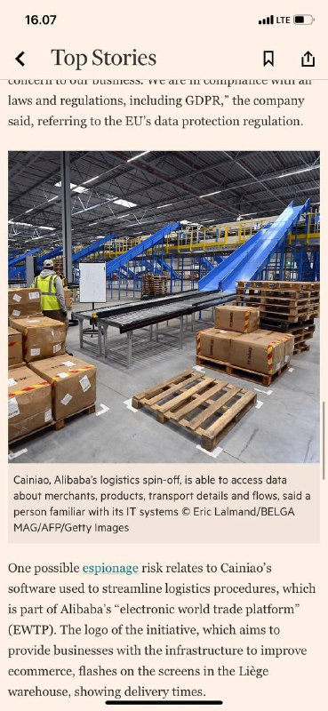 今日金融时报头条#阿里巴巴🇨🇳 谍欧洲欧洲的主要物流中心Laura在比利时🇧🇪 Qianer在香港🇭🇰比利时情报部门一直在监控阿里巴巴在欧洲的主要物流中心进行间谍活动，此前有人怀疑北京一直在利用其在西方日益增长的经济存在