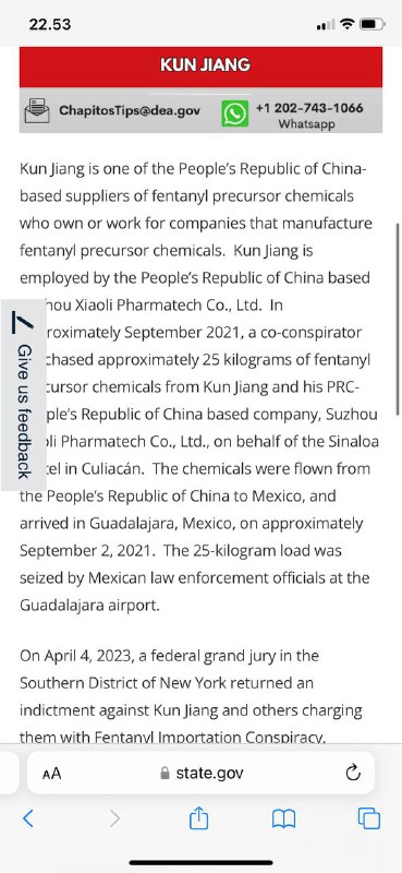 #江坤 美国称号Kun Jiang是中华人民共和国的芬太尼前体化学品供应商之一，拥有或为制造芬太尼前体化学品的公司工作