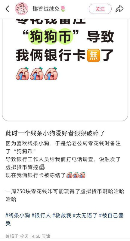 12月9日，一名博主在小红书吐槽称：因为喜欢“线条小狗”，她在给老公转零花钱时将备注写成了“狗狗币”，导致银行工作人员致电调查，称触发银行对 #虚拟货币 的 #风控 