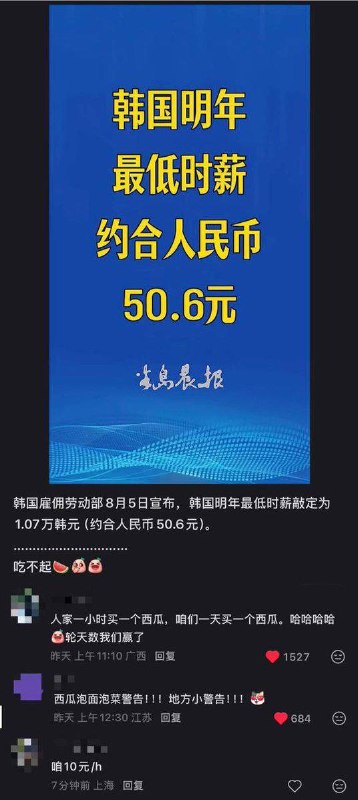 “又双叒叕赢了”根据韩联社8月5日消息，韩国雇佣劳动部宣布，韩国明年最低时薪敲定为1.07万韩元（约合人民币50.6元），较今年上涨3.7%