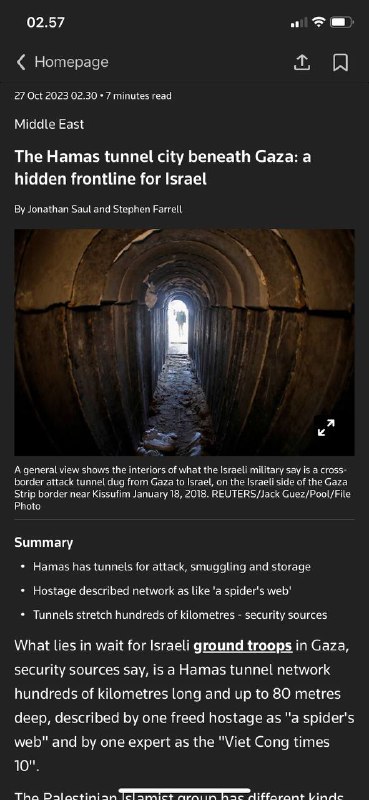 Reuters 7分钟:#加沙老鼠洞隧道等待加沙的以色列🇮🇱地面部队的是一个数百公里长、深达80米的哈马斯隧道网络，被一名被释放的人质描述为“蜘蛛网”，被一位专家描述为“越共10倍”