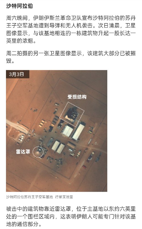 据《纽约时报》对卫星图像和已核实视频的分析显示，伊朗在周末和周一发动的袭击破坏了中东至少七个美国军事基地的通信和雷达系统及其附近的建筑物