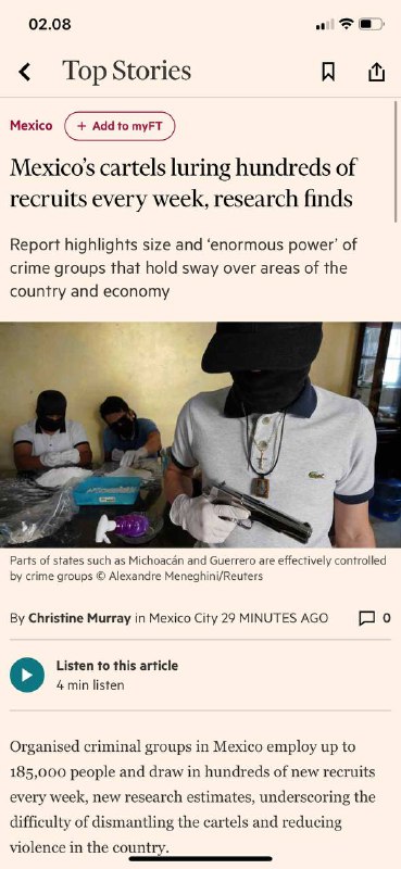 Christian Murray 在墨西哥🇲🇽31分钟前 FT 金融时报记者英文版#新的研究估计，墨西哥组织犯罪集团雇佣了多达185,000人，每周吸引数百名新兵，这凸显了该国解散卡特尔和减少暴力的困难