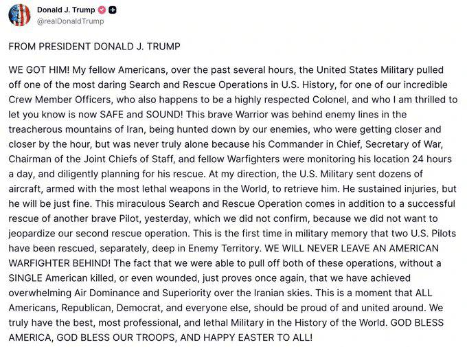 川普在白宫战情室确认，我们成功了！伟大的美国，伟大的美军：我们救出了他！同胞们，在过去的数小时里，美国军方成功执行了美国历史上最勇敢的一次搜救行动，以营救我们的一位了不起的机组人员军官