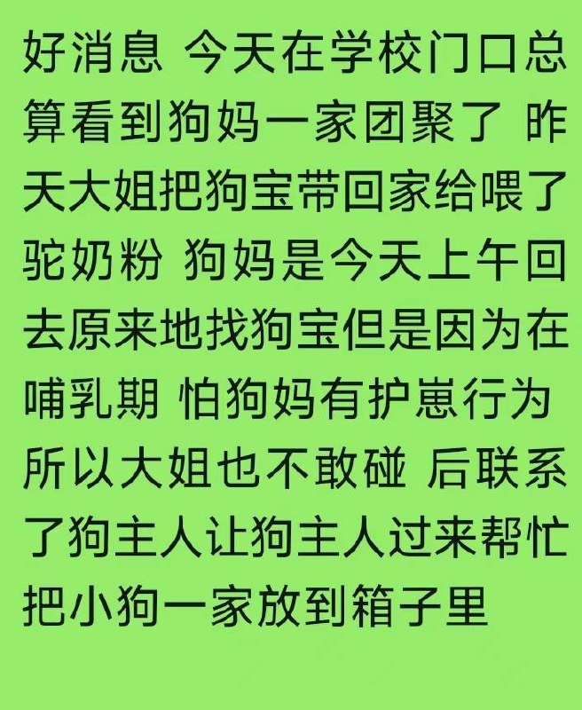 发布者：去接孩子放学的学校门口 有一只腿瘸的母狗孕育着四只狗宝宝 听说是过年买来准备吃的 打的时候自己逃出去了 结果生了四只小狗宝 其中一只体弱的已经去了汪星球了 旁边的学生家长都说早知道就带点饭来了 这么可怜还在哺乳期呢 天又这么冷 有阿姨在打电话问朋友要不要收养小狗 希望狗妈妈能遇到好心人收养吧！在城西小学二部门口 #流浪狗发布者：去接孩子放学的学校门口 有一只腿瘸的母狗孕育着四只狗宝宝 听说是过年买来准备吃的 打的时候自己逃出去了 结果生了四只小狗宝 其中一只体弱的已经去了汪星球了 旁边的学生家长都说早知道就带点饭来了 这么可怜还在哺乳期呢 天又这么冷 有阿姨在打电话问朋友要不要收养小狗 希望狗妈妈能遇到好心人收养吧！在城西小学二部门口 #流浪狗