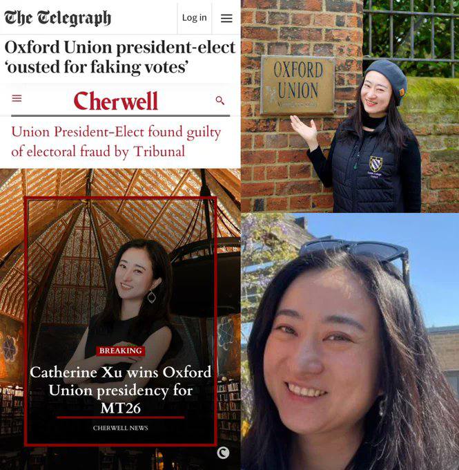 牛津大学辩论社候任主席徐凯瑟琳（Catherine Xu）因选举舞弊被取消资格，并被永久禁止在该社担任任何职务