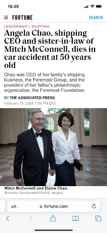 #家庭航运公司的首席经营官Angela Chao去世，享年50岁Chao女士的妹妹Elaine Chao是特朗普总统的运输部长，她领导了全球货船队运营商Foremost集团