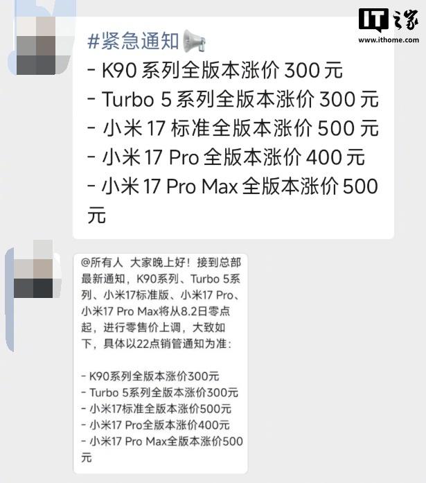 曝小米手机今晚涨价 300 元起，影响小米 17 系列、K90、Turbo 5- K90 系列全版本涨价 300 元- Turbo 5 系列全版本涨价 300 元- 小米 17 全版本涨价 500 元- 小米 17 Pro 全版本涨价 400 元- 小米 17 Pro Max 全版本涨价 500 元感谢家人们投稿！曝小米手机今晚涨价 300 元起，影响小米 17 系列、K90、Turbo 5- K90 系列全版本涨价 300 元- Turbo 5 系列全版本涨价 300 元- 小米 17 全版本涨价 500 元- 小米 17 Pro 全版本涨价 400 元- 小米 17 Pro Max 全版本涨价 500 元感谢家人们投稿！