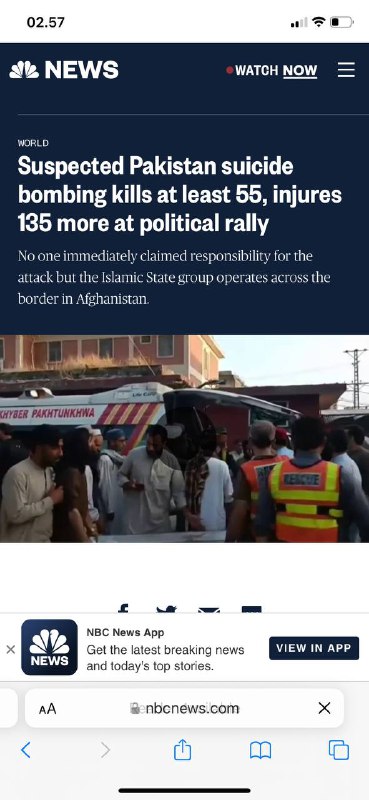 #巴基斯坦🇵🇰恐怖分子疑似巴基斯坦自杀式爆炸在政治集会上造成至少55人死亡，135人受伤没有人立即声称对这次袭击负责，但伊斯兰国组织在阿富汗边境开展行动