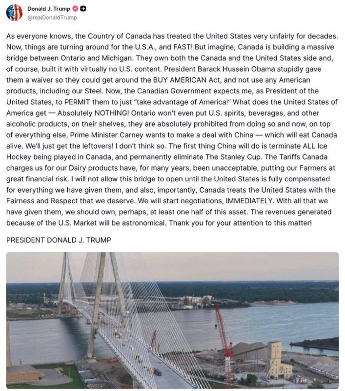 川普刚刚说加拿大🇨🇦：众所周知，加拿大这个国家几十年来一直对美国非常不公平