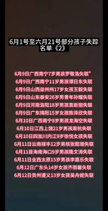 2023.6月1号至6月21号全国消失的孩子！上海闯红绿灯，马上发信息给当事人交罚款，这么多失踪人口，监控不灵了？ #失踪人口2023.6月1号至6月21号全国消失的孩子！上海闯红绿灯，马上发信息给当事人交罚款，这么多失踪人口，监控不灵了？ #失踪人口