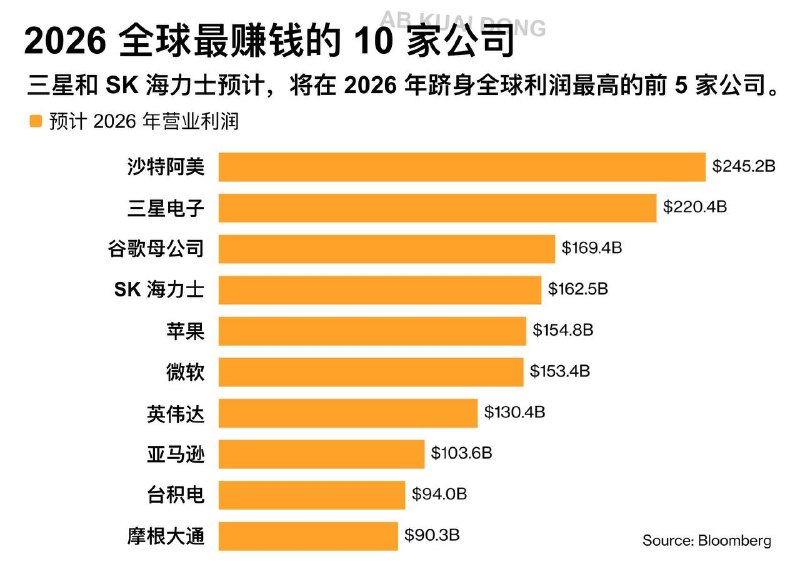 彭博发布了 2026 年全球最赚钱的 10 家公司预测，其中韩国三星电子、SK 海力士跃居前 4 名