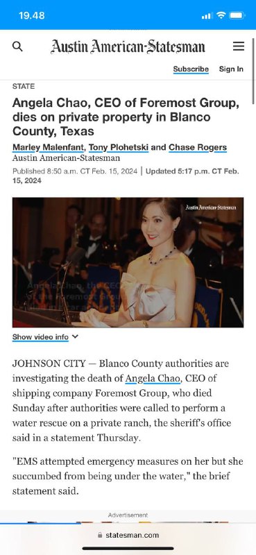 #家庭航运公司的首席经营官Angela Chao去世，享年50岁Chao女士的妹妹Elaine Chao是特朗普总统的运输部长，她领导了全球货船队运营商Foremost集团