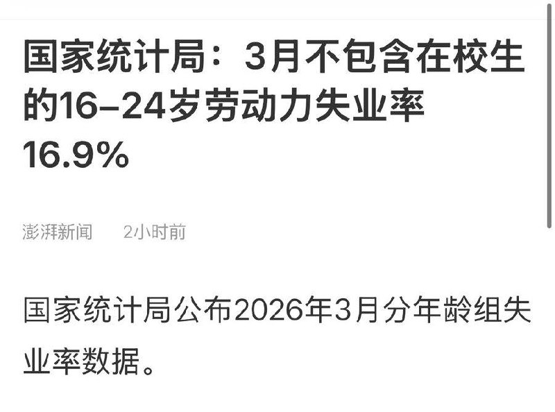 2026年3月，青年失业率来到了16.9%相较于去年3月上升了0.4%中国青年失业率最近一直是在走高，青年就业一年比一年难而且有时候不得不感慨，中国青年的承压能力是真强现在已经“崩溃”的美国青年失业率才8.5%，快要沦落为“发展中”国家的日本青年失业率才3.8%而且中国青年失业率还有很大的水分感谢家人们投稿！