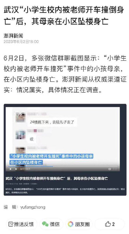 补充6月2日，因遭遇严重网暴，此前“小学生校内被老师开车撞死”事件中的小孩母亲跳楼身亡