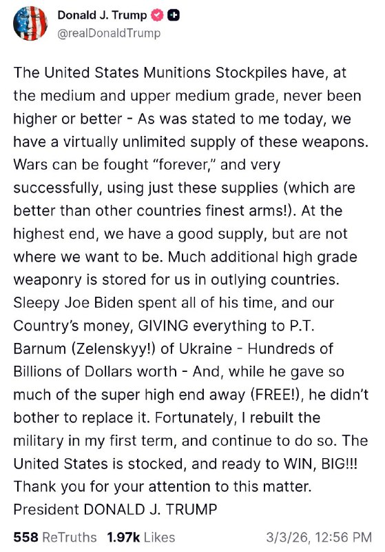特朗普发文称美军弹药充足，可以“永远”打下去，此前彭博社报道称阿联酋和卡塔尔的防空弹药不足，均被阿联酋和卡塔尔反驳感谢 Group  投稿！